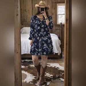 Lila Rose Navy Floral Dress V-Neck Keyhole Boho Chic Sz 10 GUC